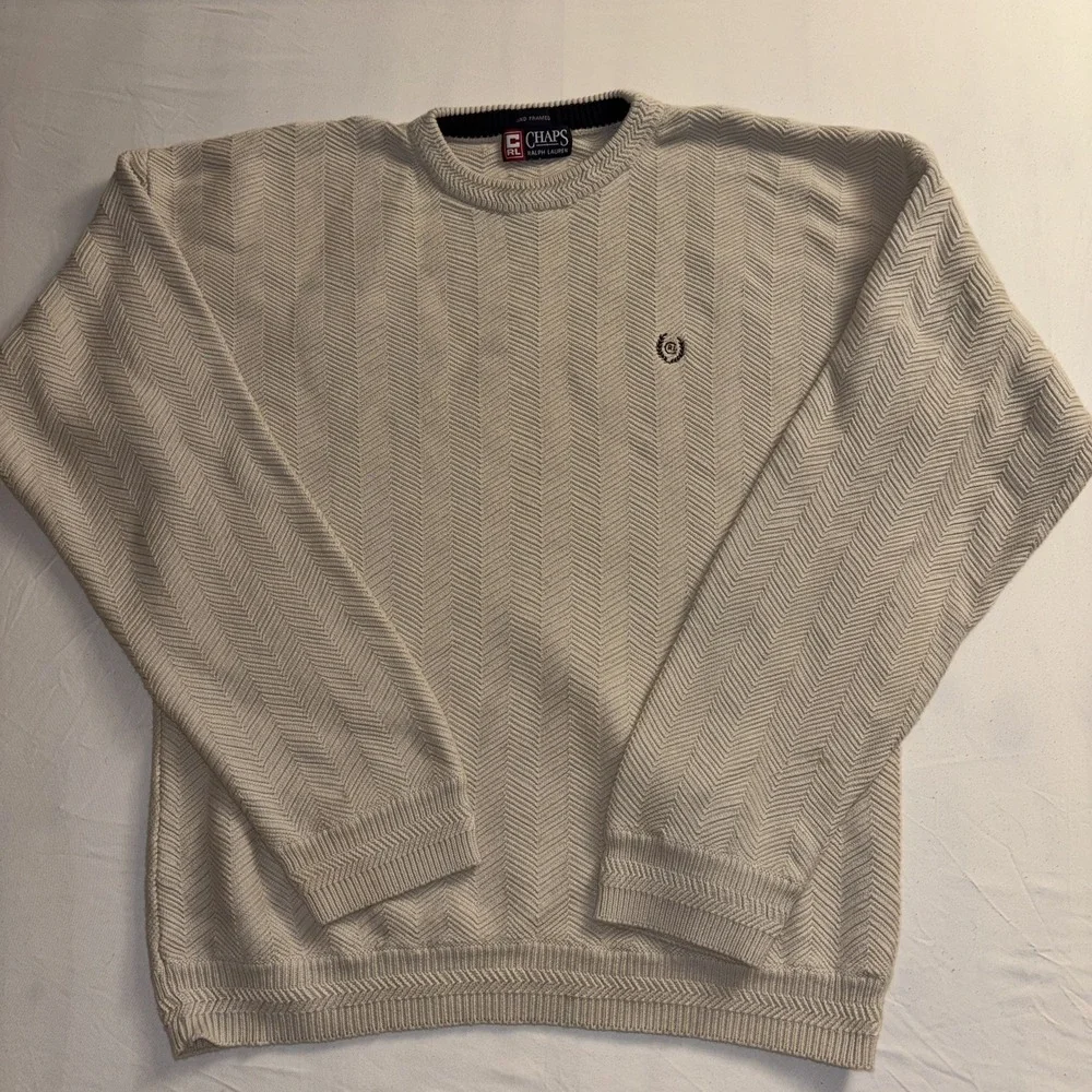 Vintage Chaps Ralph Lauren Sweater Men XL Beige Cream Herringbone Knit Crewneck